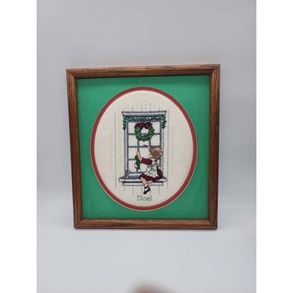 Vintage Christmas Cross Stitch Framed Wall Art Noel Girl in Window Wood Frame